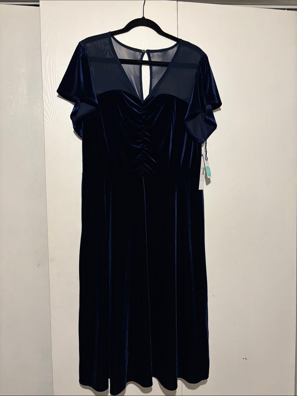 NWT Maggy London Navy Velvet Midi Dress with Sheer Yoke
